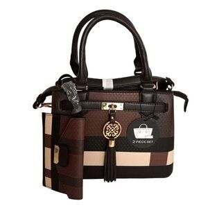 Le Bag Color Block Vegan Leather Handbag w Wristlet Crossbody Shoulder Bag